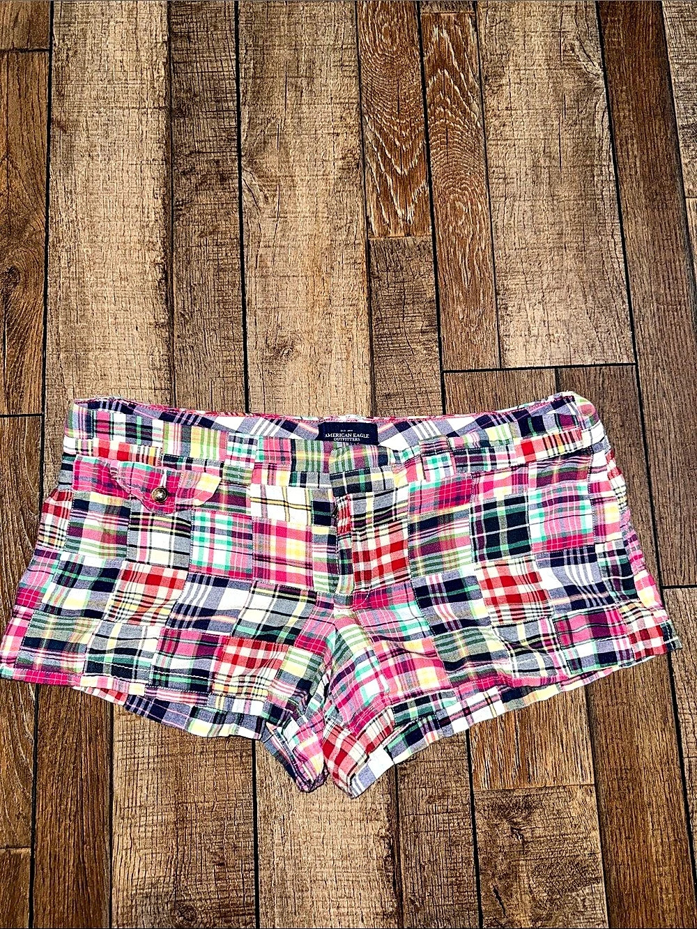 American Eagle Outfitters Favorite Short Plaid Patchwork Shorts in Pink & Blue